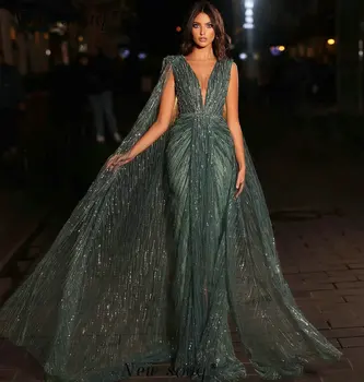 Seksualus Giliai V Kaklo Hunter Green Dubajus Undinė Vakaro Suknelės Saudo Arabų Žaliojo Rankovės Blizgančiais Ilgalaikės Formalios Vestuvių Suknelės, Šaliai