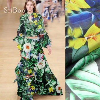 Sielovados žalia gėlių spausdinti, 100% natūralaus šilko šifono audinio drabužiai suknelė gryno šilko tissu telas fabrc stoffen 8mm SP5358