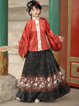 Suaugusiųjų Hanfu Ming Sistema, stand-up Apykaklės Trumpi Marškinėliai Pipa Rankovėmis Atspausdintas Arklių Sijonas Moterų Rudens Ir Žiemos Stilius