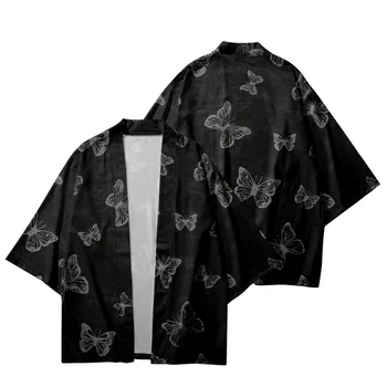 Tradicinis Drugelis Spausdinti Black Japonų Kimono Paplūdimio Šortai Vasarą Pora Vyrų, Moterų Yukata Marškinėliai Haori Cardigan Cosplay