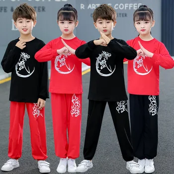 Tradicinės Kinų Vaiko Tango Kostiumas trumpomis Rankovėmis Taichi Vienodas Medvilnės Dragon Wushu Drabužiai Laisvi Kungfu Marškinėliai komplektai