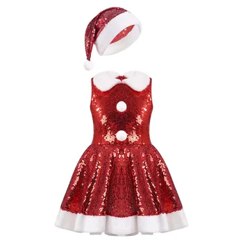 Vaikų Mergaičių Blizgančiais Kalėdų Cosplay Suknelė Etapo Rezultatus su Santa Hat Kalėdos Fancy Fancy Šalies Kostiumų Naujųjų Metų Komplektus