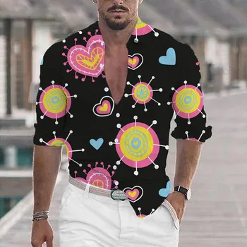 Valentino Dieną Marškinėliai Vyrams Stilingas Meilės Ratas Print Long Sleeve Top Marškinėliai Havajų Vasaros Lauko Atostogų Camisas De Hombre