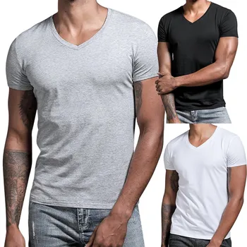 Vyriški trumpomis Rankovėmis Premium Kietasis Medvilnės V Neck T Marškinėliai