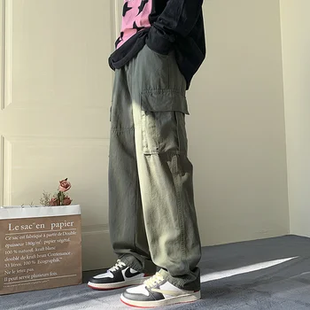 Vyrų Derliaus Didelis Kišenės Krovinių Kelnės Armijos Žalioji Hip-hop Įrankiai Tiesiai Atsitiktinis Palaidų Vyrų Streetwear Kelnės
