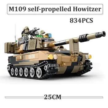WW2 M109 savaeigė Haubica 834PCS Blokai Kariuomenės Karys Ginklų Plytų Modelis Vaikams, Žaislai 615PCS