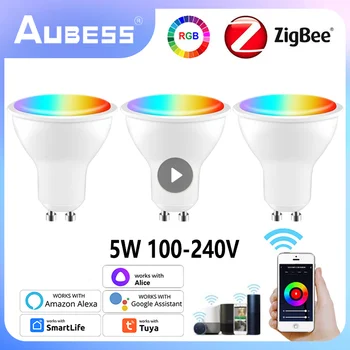 Zigbee Tuya Smart LED Lemputės GU10 5W RGB šviesos srautą galima reguliuoti Lempos RGBCW Apšvietimas Nuotolinio Valdymo Dirbti Su Alexa 