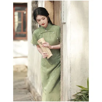 Žalia Ilgai Cheongsams Suknelės Moteris Vasarą Kinijos Traditiona Chi Pao Suknelė Plonas Retro Elegantiškas, Švelnus Klasikinis Qipao Moterims