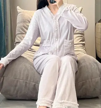 Žiemos Pijamas Kostiumas Moteriška Dviejų dalių Sleepwear apatinis Trikotažas Moterims sala Aksomo Pižama Nustatyti Rudenį ilgomis Rankovėmis Nightsuits Homewear