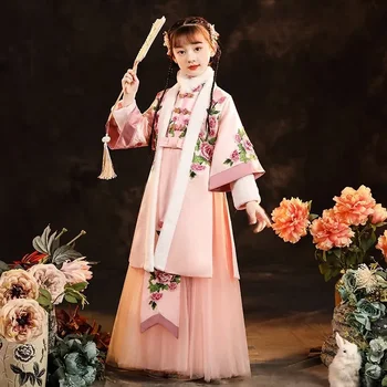 Žiemos Storesnis Hanfu Suknelė Mergaitėms, Vaikams, Naujų Metų Kostiumas Vaikų Vaikai Rožinė Siuvinėjimų Kostiumas Kinijos Senovės Hanfu Mergaitės